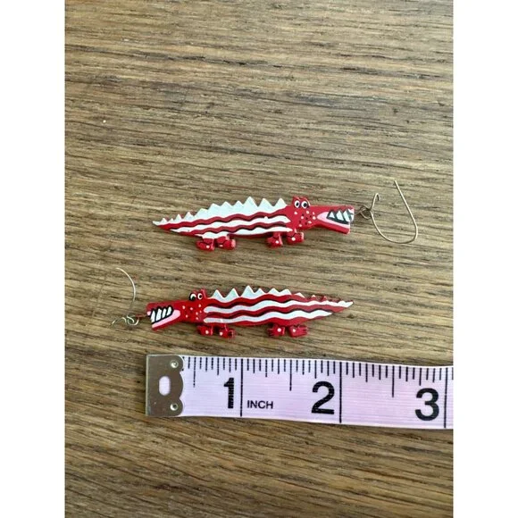 Alligator Earrings for Pierced Ears Red Lightweight Dangle Drop Crocodile - Picture 2 of 3